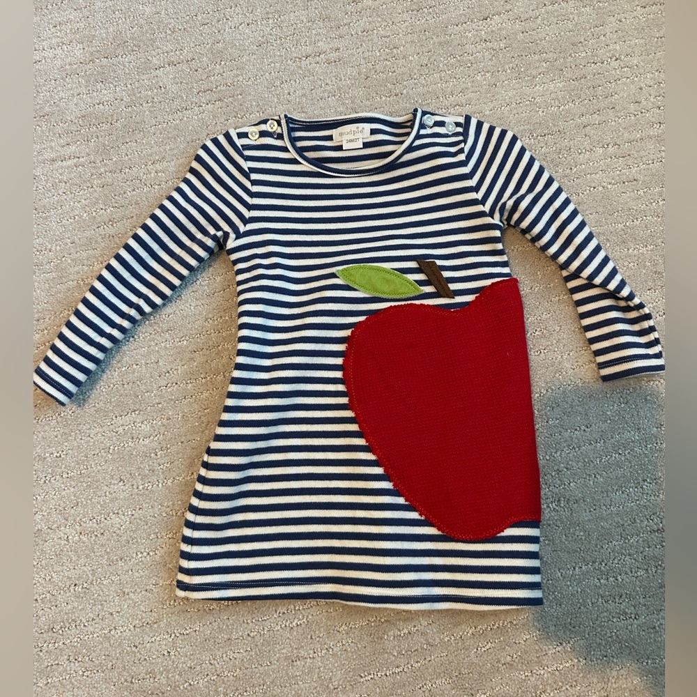 Mudpie Striped Dress with Red Apple Design